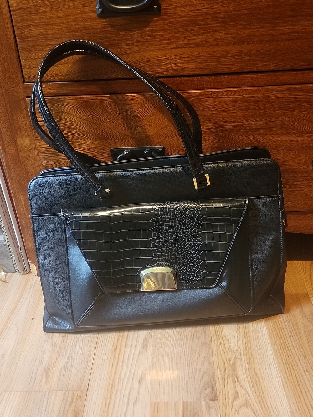 Black Structured Tablet Tote Bag with Croc-Texture Flap